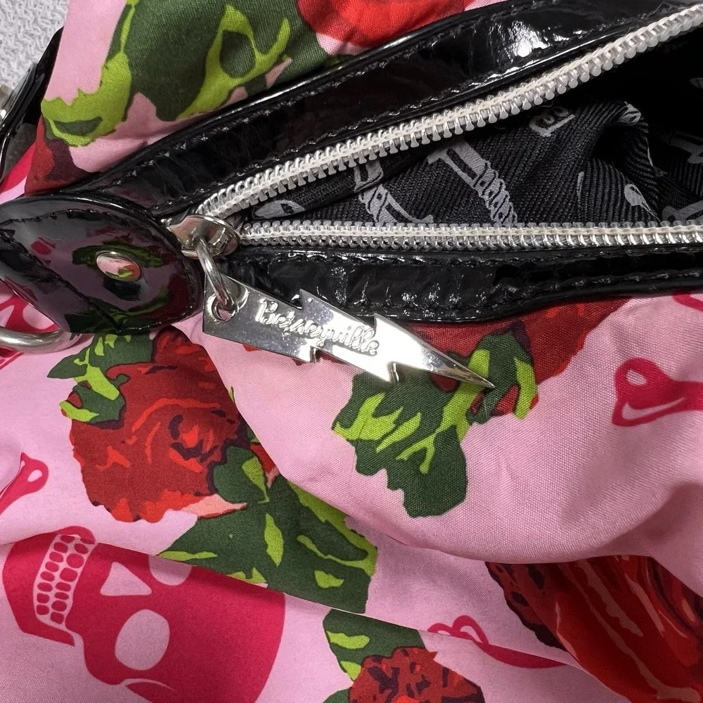 Betseyville Pink Skull Rose Print Hobo Shoulder Bag Studded Accents Y2K Emo Goth